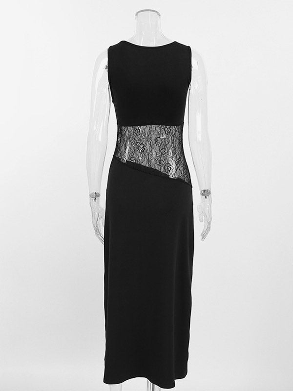 Party Dresses Black White Waist Lace Cutout Sleeveless Bodycon Midi Evening Dress