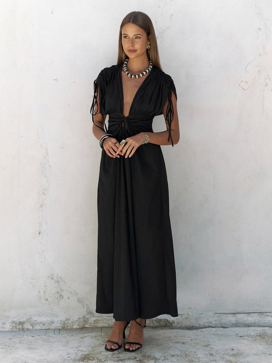 Party Dresses Deep V Drawstring Waist Open Back Maxi Dress Short Sleeve Flowy Vacation Gown
