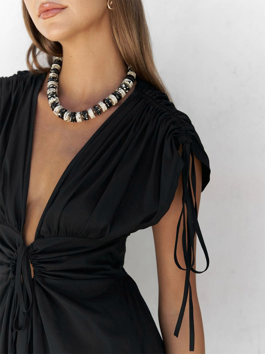 Party Dresses Deep V Drawstring Waist Open Back Maxi Dress Short Sleeve Flowy Vacation Gown