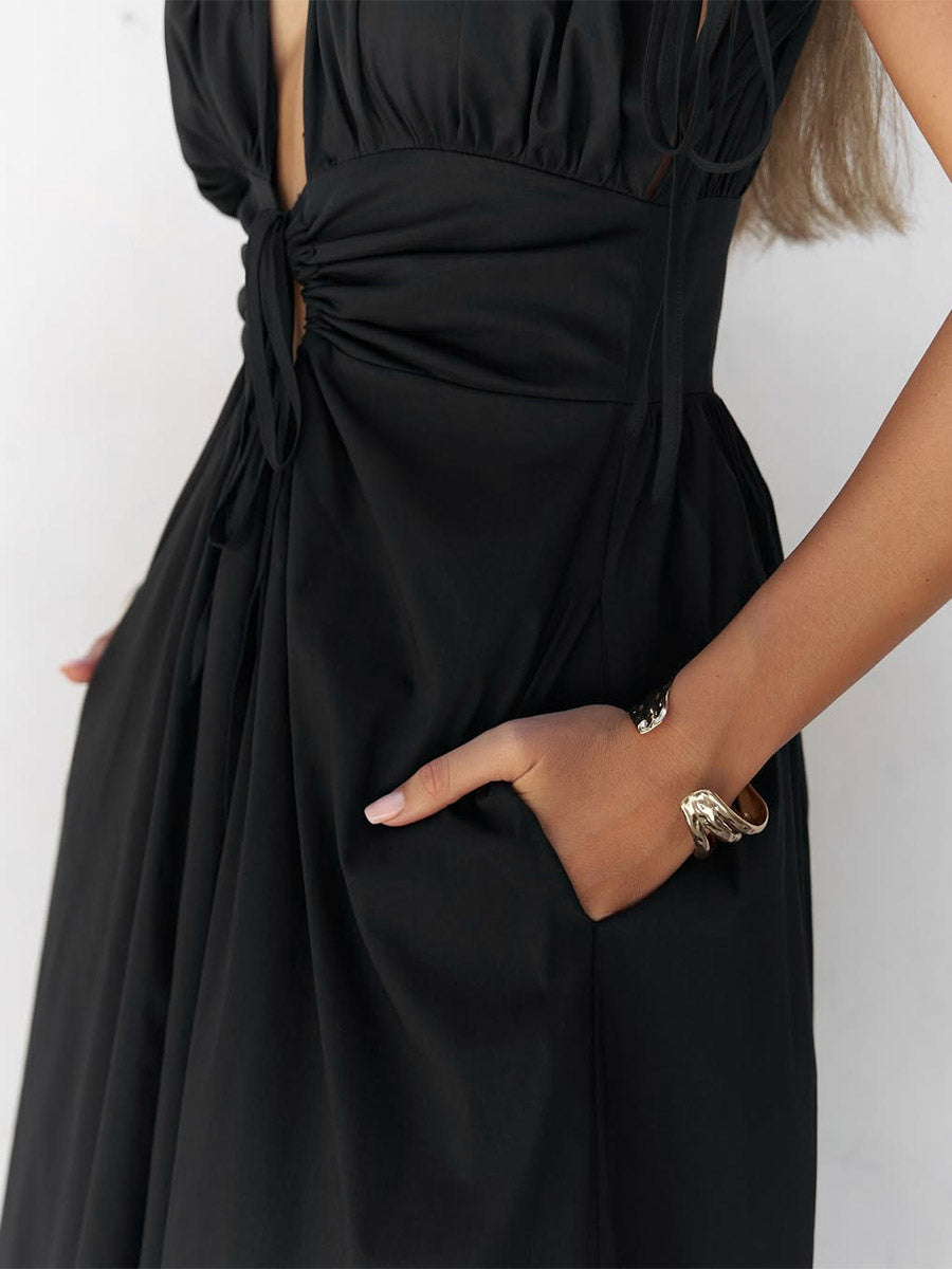 Party Dresses Deep V Drawstring Waist Open Back Maxi Dress Short Sleeve Flowy Vacation Gown
