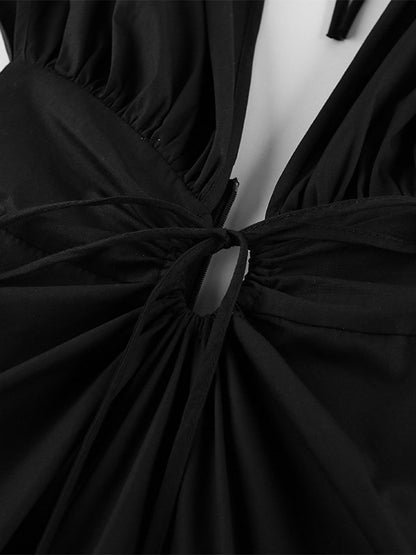 Party Dresses Deep V Drawstring Waist Open Back Maxi Dress Short Sleeve Flowy Vacation Gown