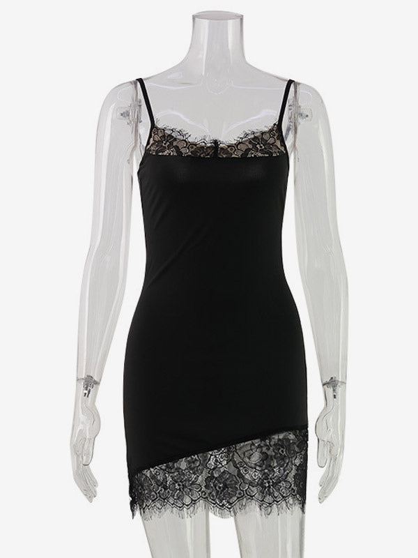 Daily Dresses Spaghetti Strap Eyelash Lace Trim Asymmetrical Hem Bodycon Mini Dress