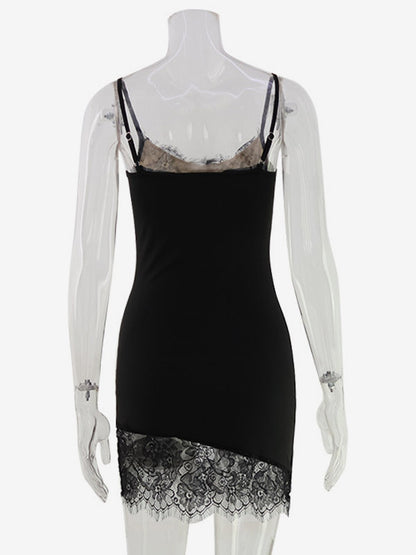 Daily Dresses Spaghetti Strap Eyelash Lace Trim Asymmetrical Hem Bodycon Mini Dress