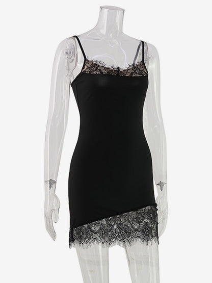 Daily Dresses Spaghetti Strap Eyelash Lace Trim Asymmetrical Hem Bodycon Mini Dress