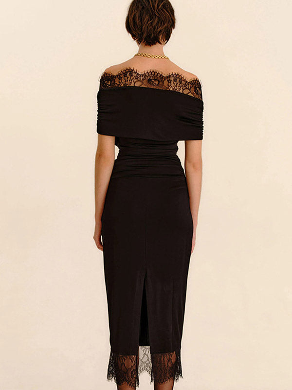 Party Dresses Off Shoulder Lace Trim Ruched Bodycon Midi Dress With Slit