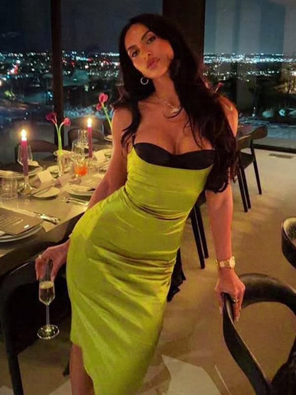 Daily Dresses Contrast Bust Satin Spaghetti Strap Ruched Bodycon Midi Dress