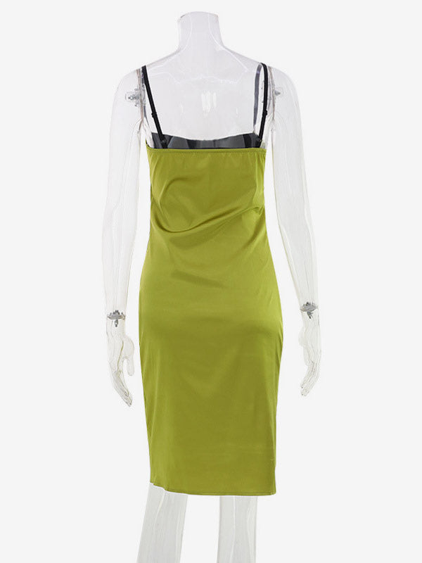 Daily Dresses Contrast Bust Satin Spaghetti Strap Ruched Bodycon Midi Dress