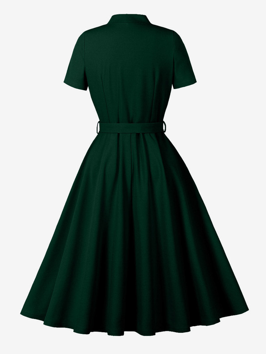 Vintage Dresses 1950s Vintage Swing Dress Bow Tie Collar Short Sleeve Tea Party Dress