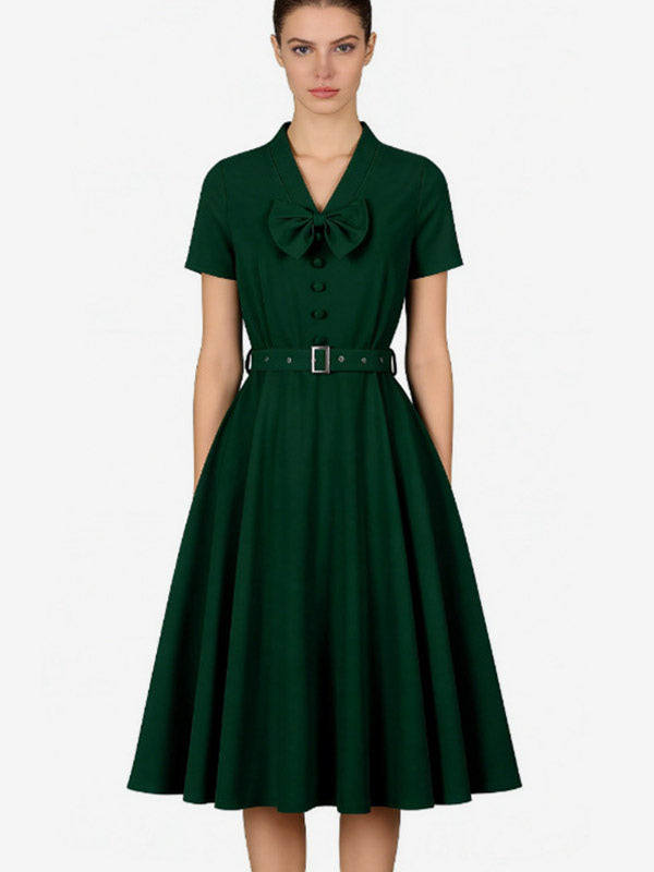Vintage Dresses 1950s Vintage Swing Dress Bow Tie Collar Short Sleeve Tea Party Dress
