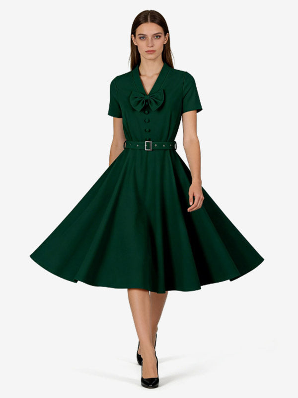 Vintage Dresses 1950s Vintage Swing Dress Bow Tie Collar Short Sleeve Tea Party Dress