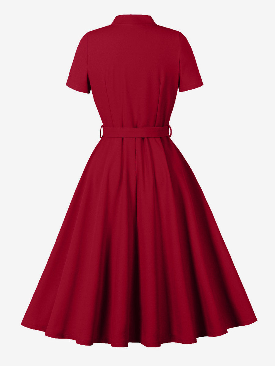 Vintage Dresses 1950s Vintage Swing Dress Bow Tie Collar Short Sleeve Tea Party Dress