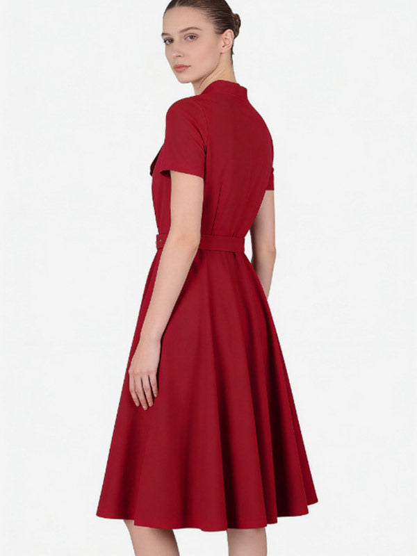 Vintage Dresses 1950s Vintage Swing Dress Bow Tie Collar Short Sleeve Tea Party Dress