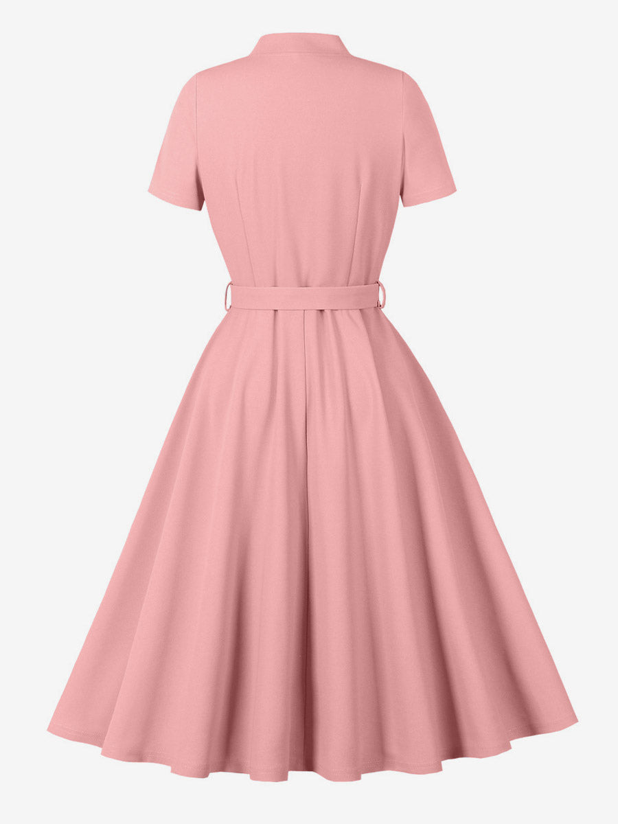 Vintage Dresses 1950s Vintage Swing Dress Bow Tie Collar Short Sleeve Tea Party Dress