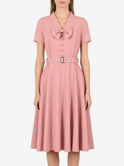 Vintage Dresses 1950s Vintage Swing Dress Bow Tie Collar Short Sleeve Tea Party Dress
