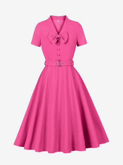Vintage Dresses 1950s Vintage Swing Dress Bow Tie Collar Short Sleeve Tea Party Dress