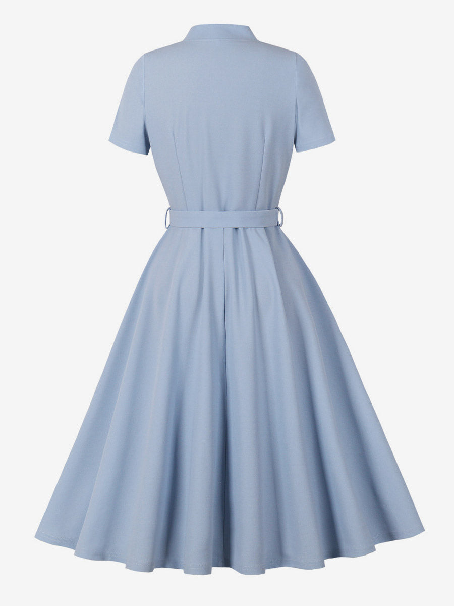 Vintage Dresses 1950s Vintage Swing Dress Bow Tie Collar Short Sleeve Tea Party Dress