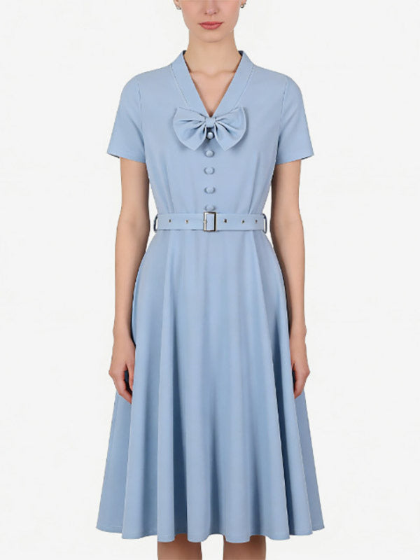 Vintage Dresses 1950s Vintage Swing Dress Bow Tie Collar Short Sleeve Tea Party Dress