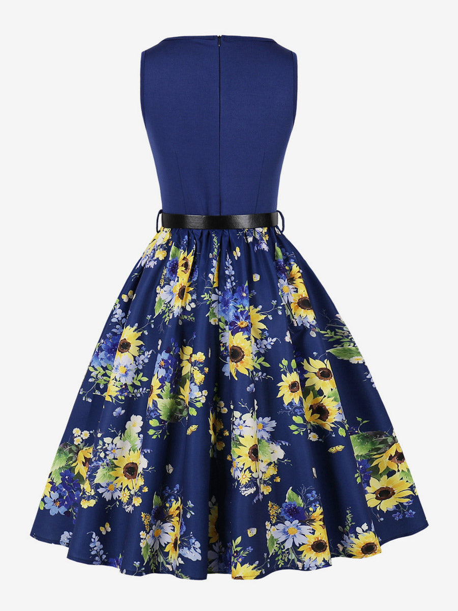 Vintage Dresses 1950s Swing Floral Swing Dress Sleeveless A-Line Tea Party Midi Dress