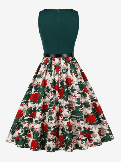 Vintage Dresses 1950s Swing Floral Swing Dress Sleeveless A-Line Tea Party Midi Dress