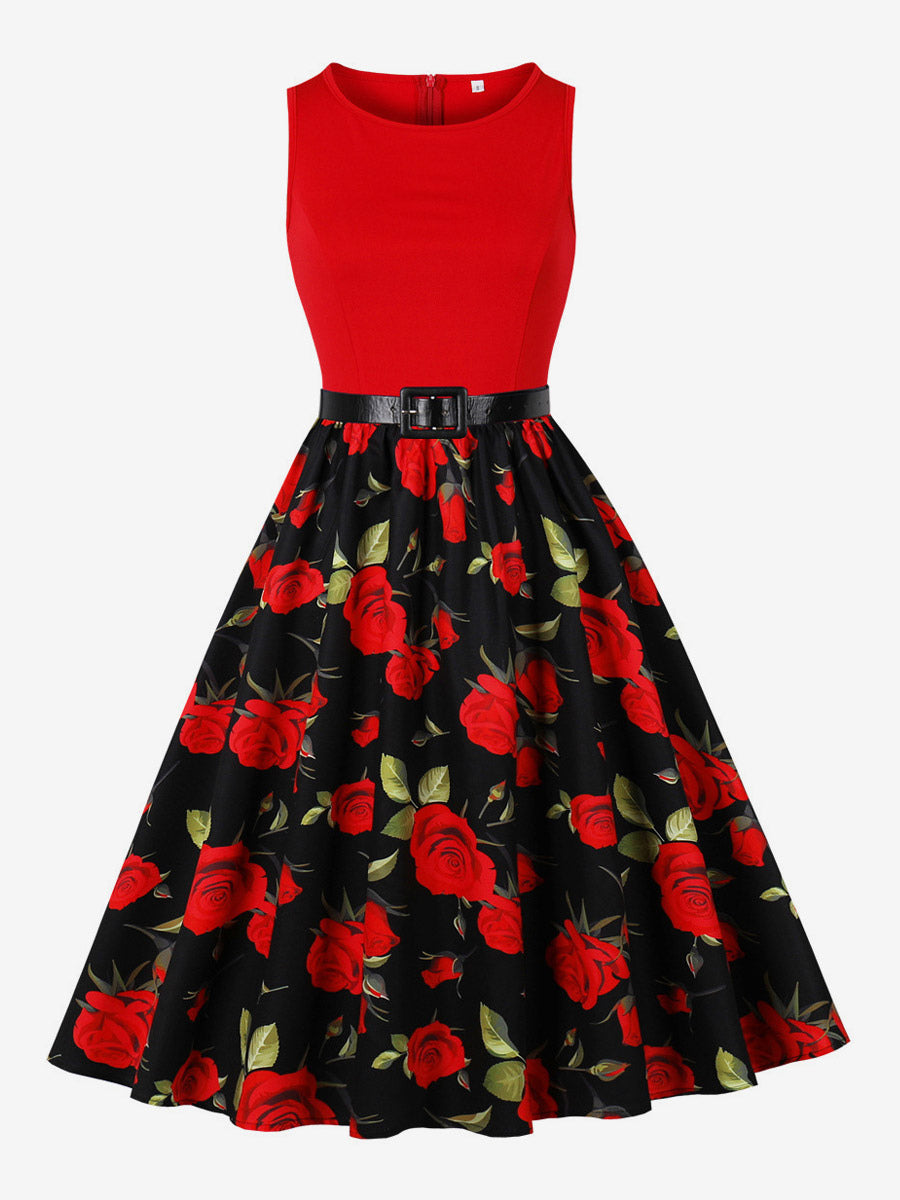Vintage Dresses 1950s Swing Floral Swing Dress Sleeveless A-Line Tea Party Midi Dress
