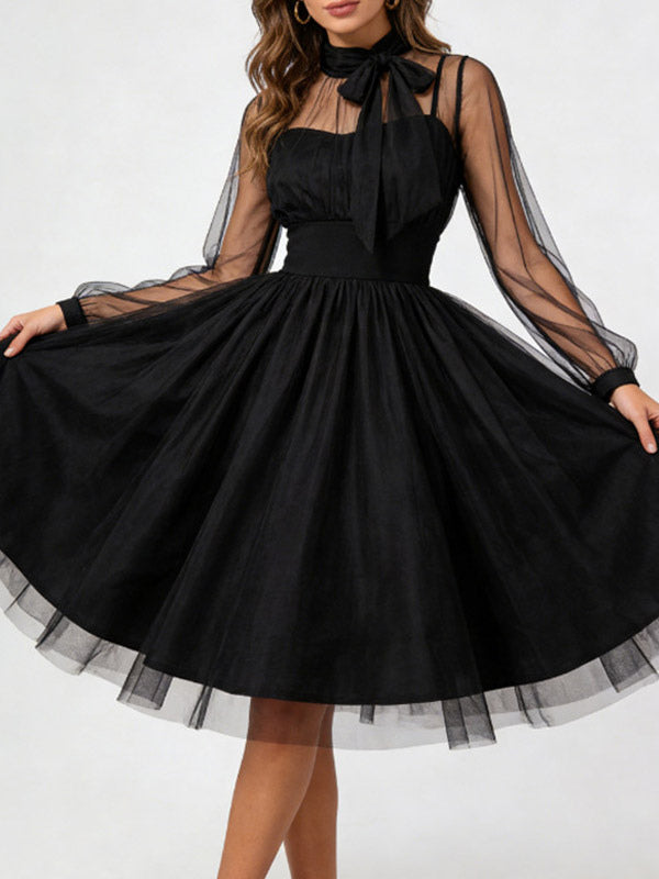 Vintage Dresses Women's Burgundy Tulle Midi Dress Sheer Long Sleeve Bow Neck Fit And Flare Dress