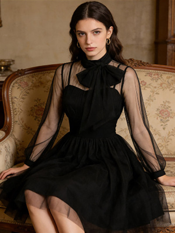 Vintage Dresses Women's Burgundy Tulle Midi Dress Sheer Long Sleeve Bow Neck Fit And Flare Dress