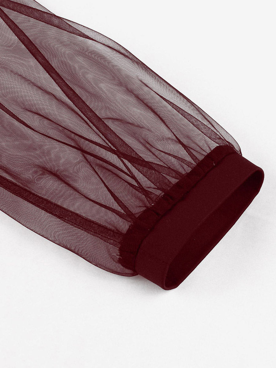 Vintage Dresses Women's Burgundy Tulle Midi Dress Sheer Long Sleeve Bow Neck Fit And Flare Dress