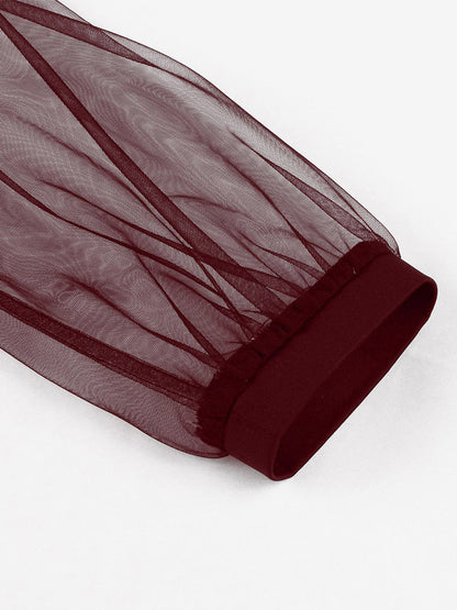 Vintage Dresses Women's Burgundy Tulle Midi Dress Sheer Long Sleeve Bow Neck Fit And Flare Dress