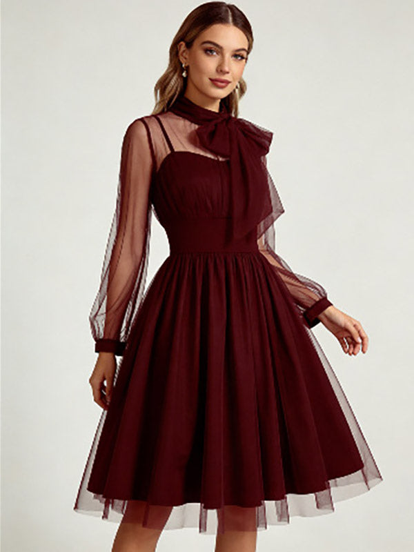 Vintage Dresses Women's Burgundy Tulle Midi Dress Sheer Long Sleeve Bow Neck Fit And Flare Dress