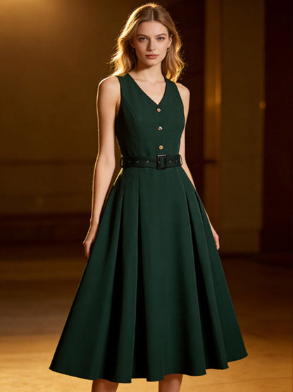 Daily Dresses Women's Sleeveless V Neck Belted Midi Dress Button Front A-Line Flare Dress