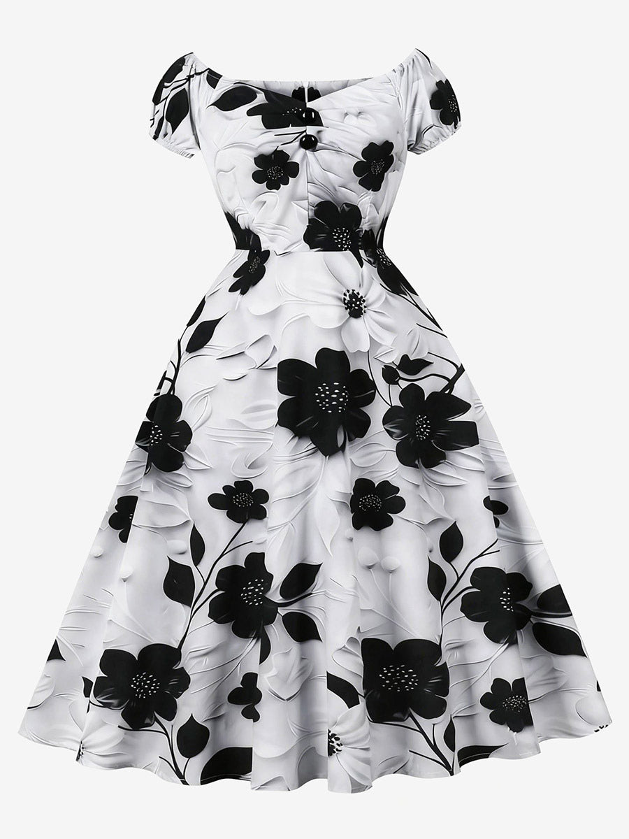 Vintage Floral Midi Dress Black And White A-Line Swing Dress Elegant Party Dress