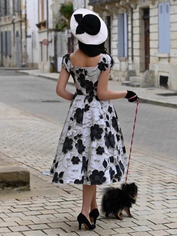 Vintage Floral Midi Dress Black And White A-Line Swing Dress Elegant Party Dress