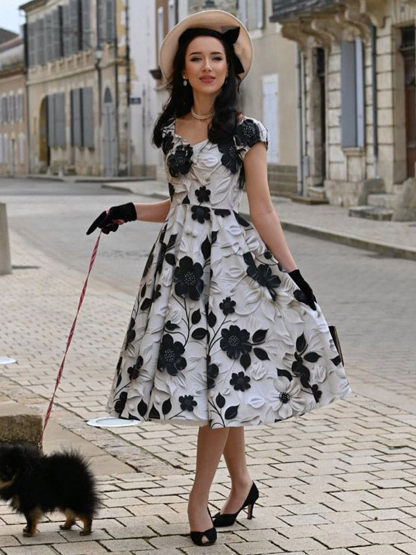 Vintage Floral Midi Dress Black And White A-Line Swing Dress Elegant Party Dress