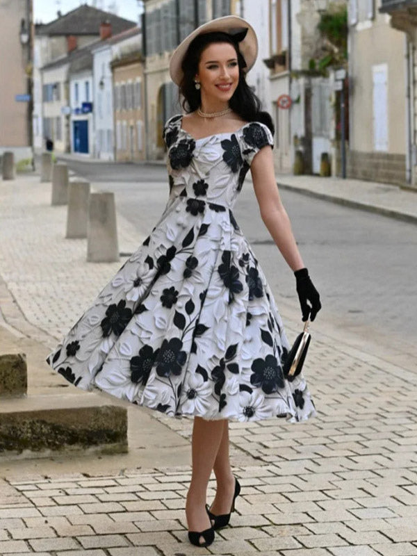 Vintage Floral Midi Dress Black And White A-Line Swing Dress Elegant Party Dress