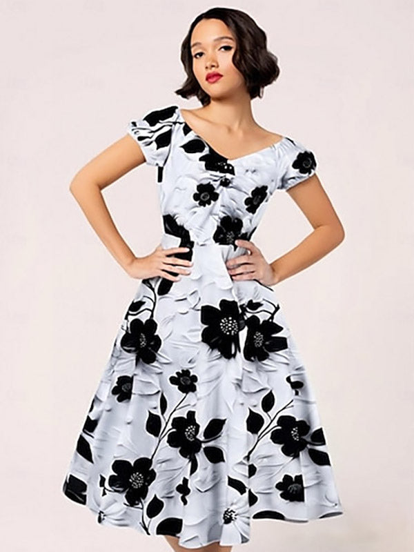 Vintage Floral Midi Dress Black And White A-Line Swing Dress Elegant Party Dress