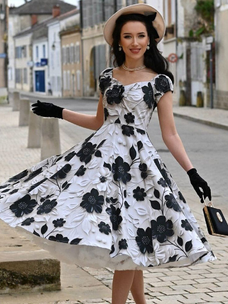 Vintage Floral Midi Dress Black And White A-Line Swing Dress Elegant Party Dress