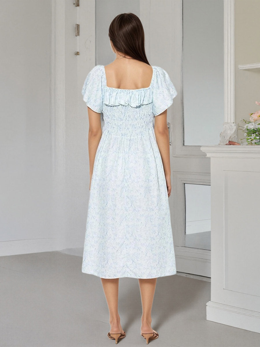 Daily Dresses Floral Print Square Neck Short Sleeves Backless Sweet Summer Long Dress