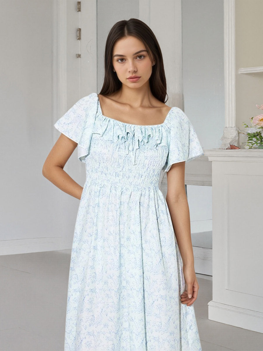 Daily Dresses Floral Print Square Neck Short Sleeves Backless Sweet Summer Long Dress