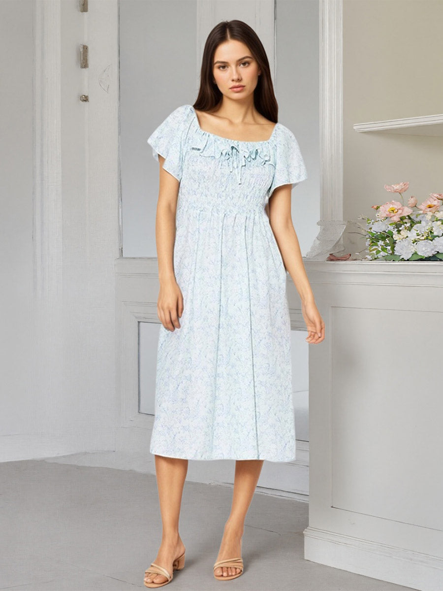 Daily Dresses Floral Print Square Neck Short Sleeves Backless Sweet Summer Long Dress