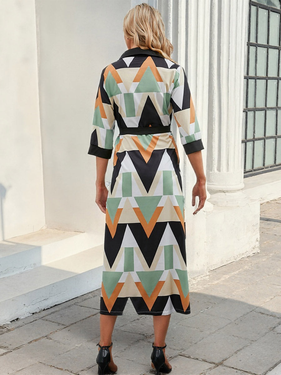 Vacation Dresses Geometric Print Midi Dress V Neck Wrap 3/4 Sleeve Waist Long Dress