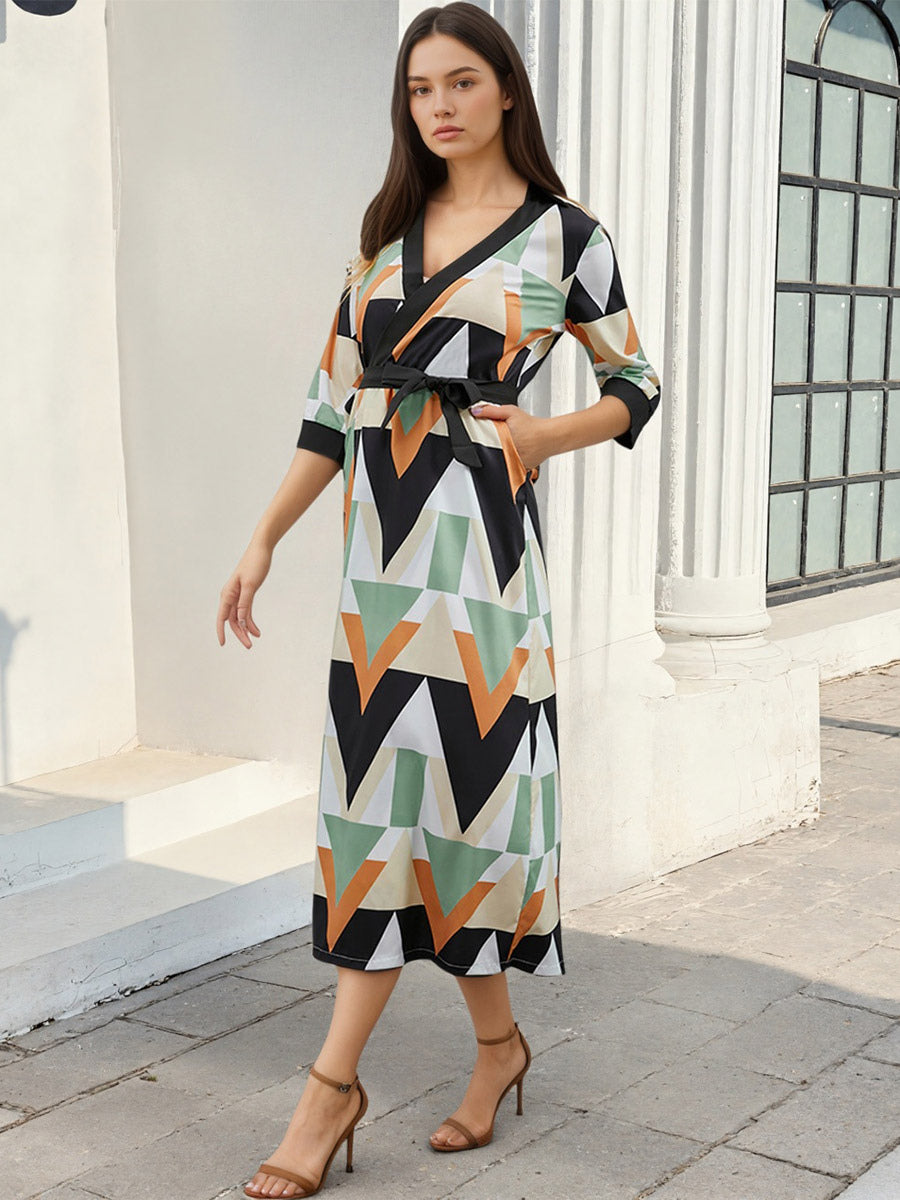Vacation Dresses Geometric Print Midi Dress V Neck Wrap 3/4 Sleeve Waist Long Dress