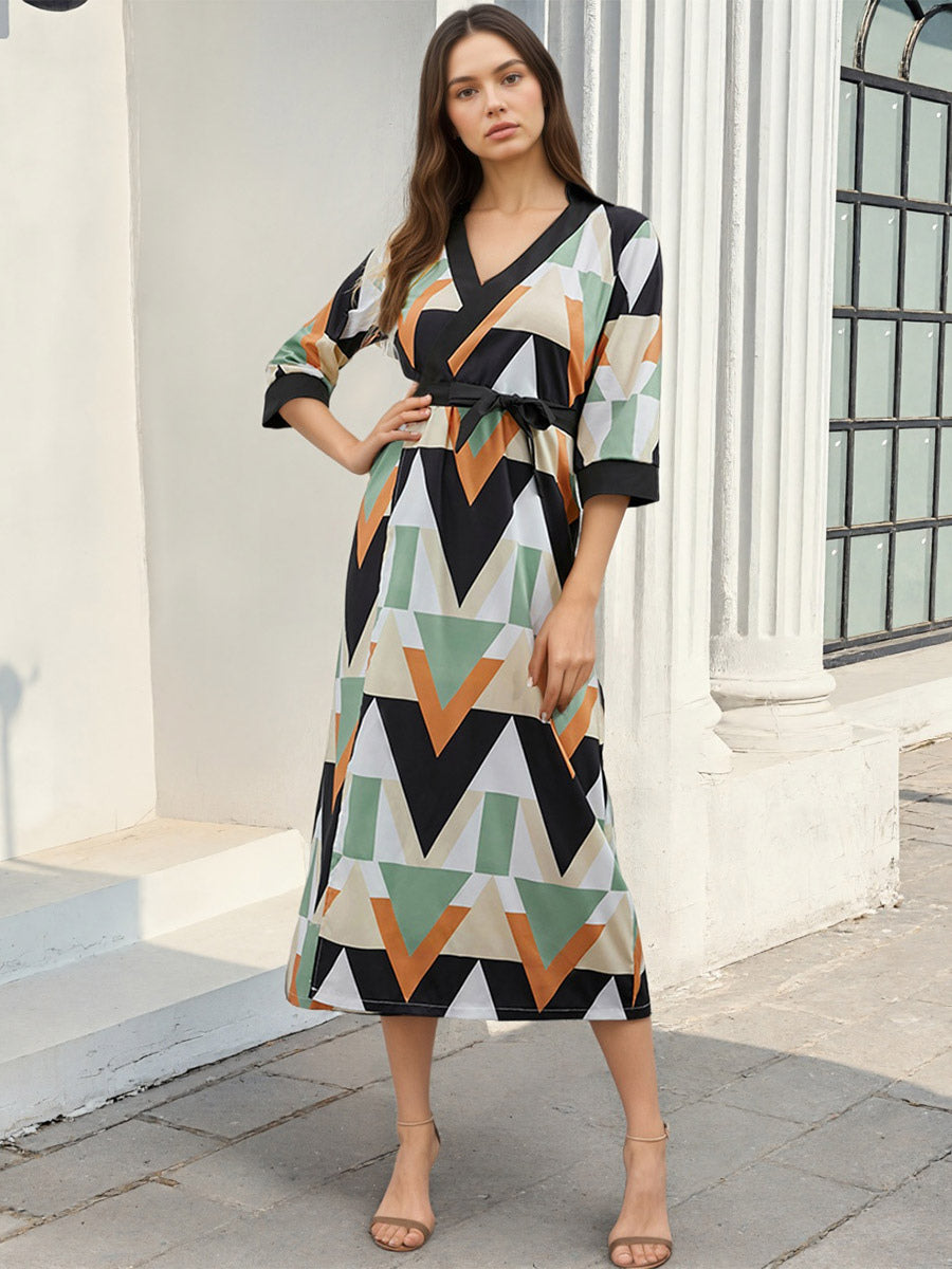 Vacation Dresses Geometric Print Midi Dress V Neck Wrap 3/4 Sleeve Waist Long Dress