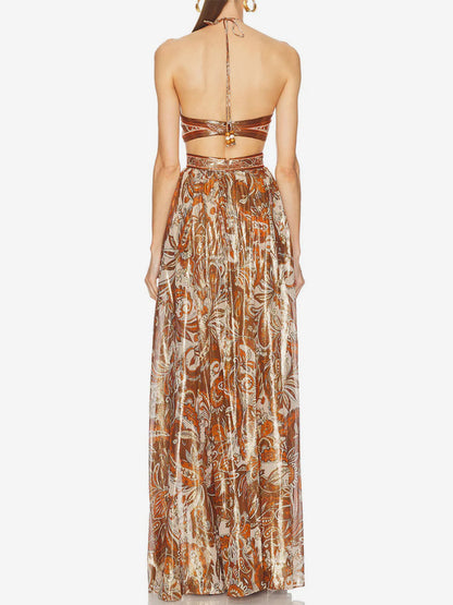 Vacation Dresses Halter Tube Top Cutout Waist Paisley Print Flowy Party Maxi Dress