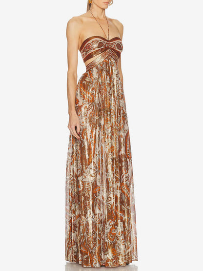 Vacation Dresses Halter Tube Top Cutout Waist Paisley Print Flowy Party Maxi Dress