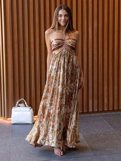 Vacation Dresses Halter Tube Top Cutout Waist Paisley Print Flowy Party Maxi Dress