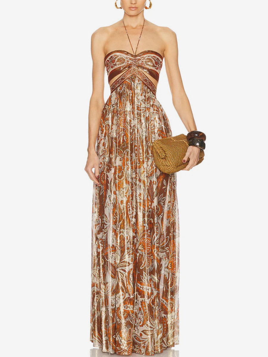 Vacation Dresses Halter Tube Top Cutout Waist Paisley Print Flowy Party Maxi Dress