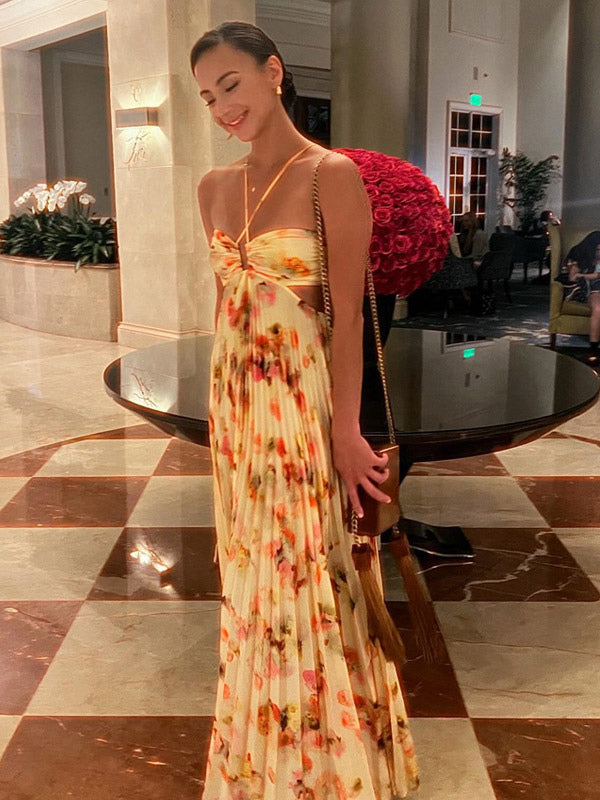 Party Dresses Floral Print Backless Spaghetti Strap Maxi Dress Summer Boho Beach Long Dress