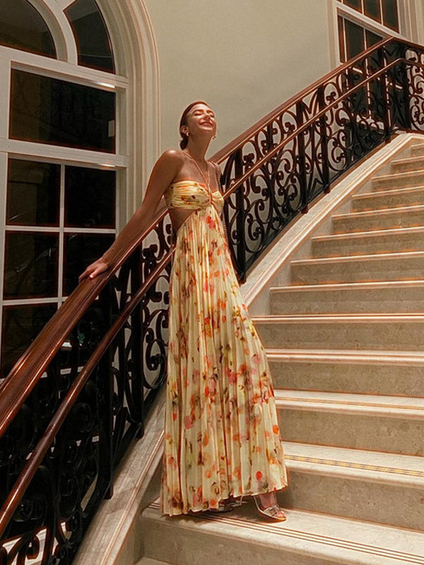 Party Dresses Floral Print Backless Spaghetti Strap Maxi Dress Summer Boho Beach Long Dress