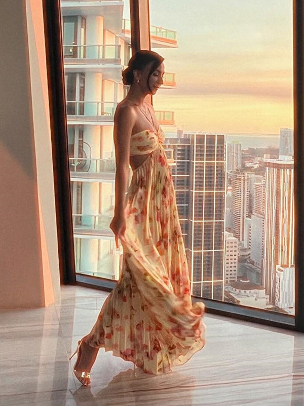 Party Dresses Floral Print Backless Spaghetti Strap Maxi Dress Summer Boho Beach Long Dress