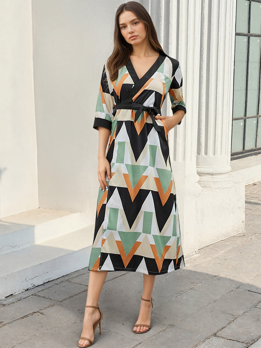 Vacation Dresses Geometric Print Midi Dress V Neck Wrap 3/4 Sleeve Waist Long Dress
